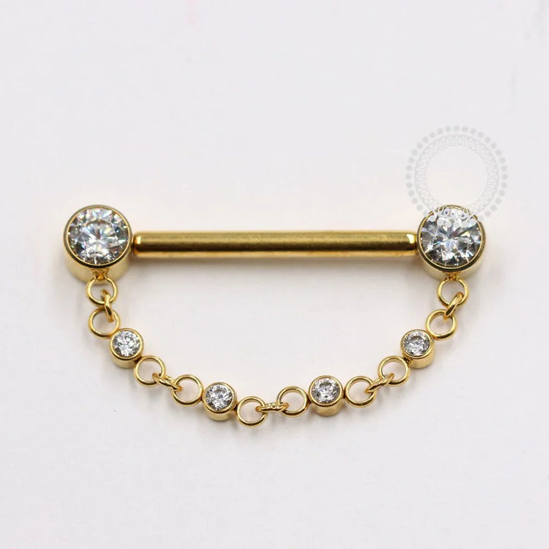 TN1119 Nipple Jewelry CZ Flat Com Corrente Push Pin Titânio PVD Gold